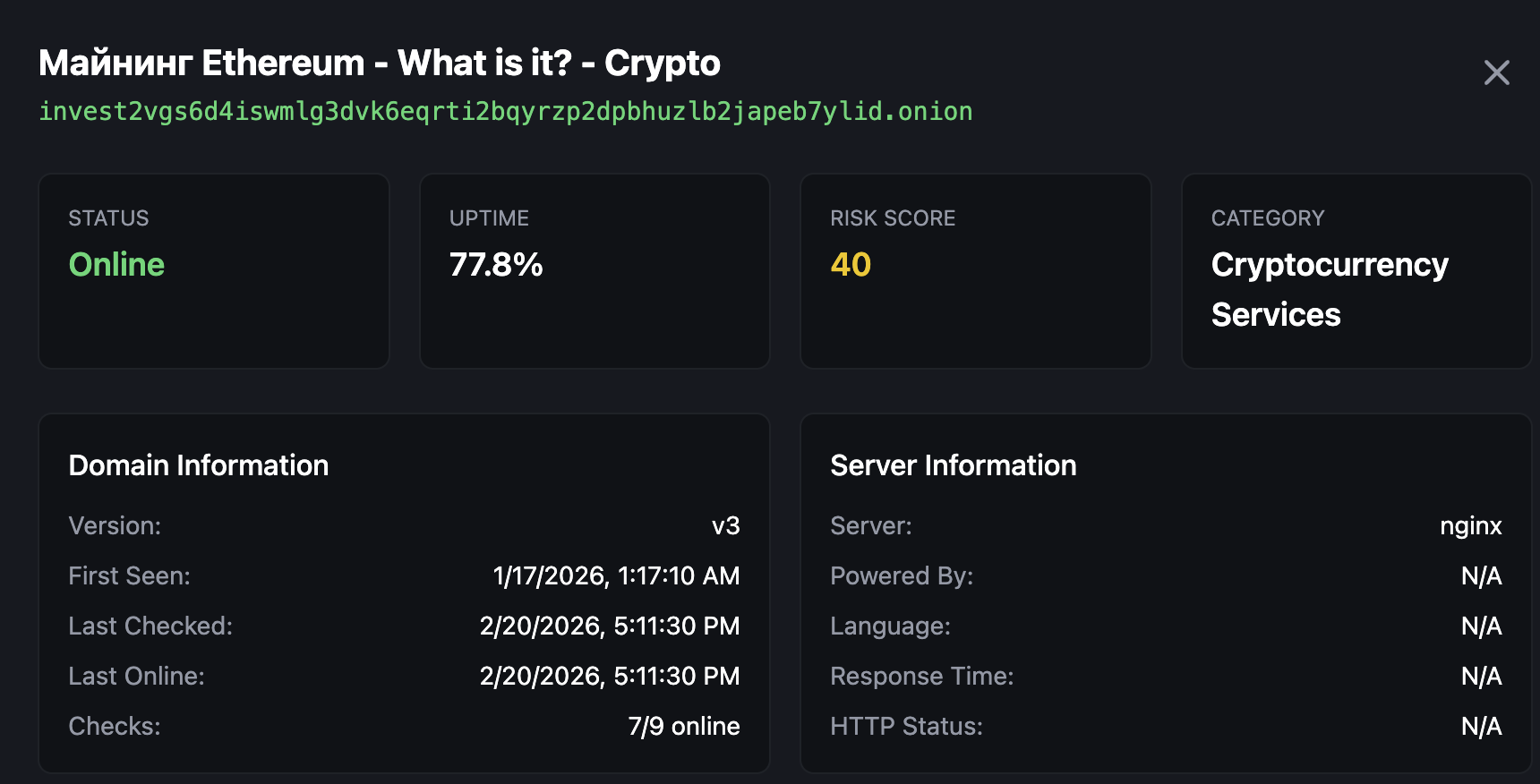 Dark web domain analysis showing invest2 .onion site metadata with uptime, server fingerprint, and operational window