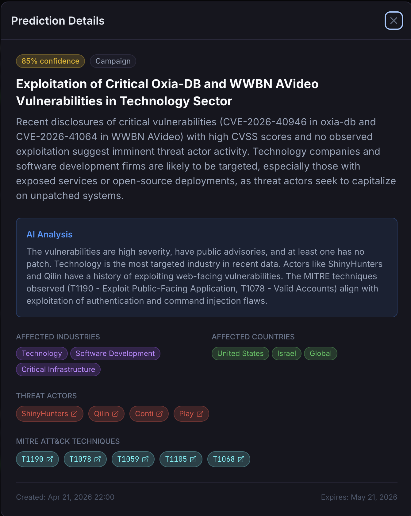 MIMIR Prediction Details showing 85% confidence prediction of exploitation of critical Oxia-DB and WWBN AVideo vulnerabilities